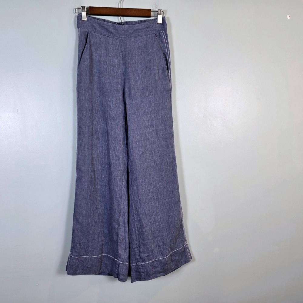 Nicole Miller New York Blue Linen Wide Leg Pants Contrast Stitch Women XS Resort